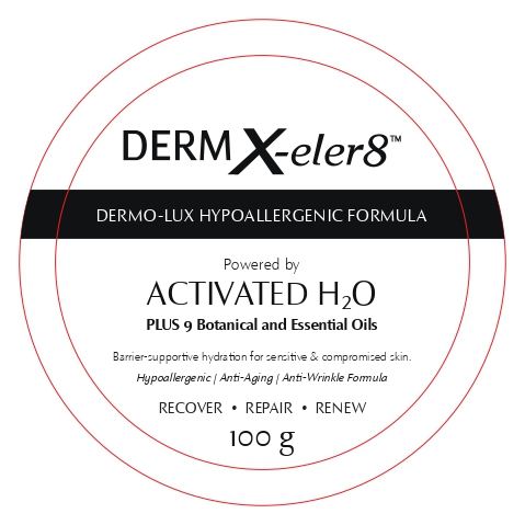 Derm X-eler8 packaging lid artwork — Dermo-Lux Hypoallergenic Formula powered by Activated H2O plus 9 botanical essential oils