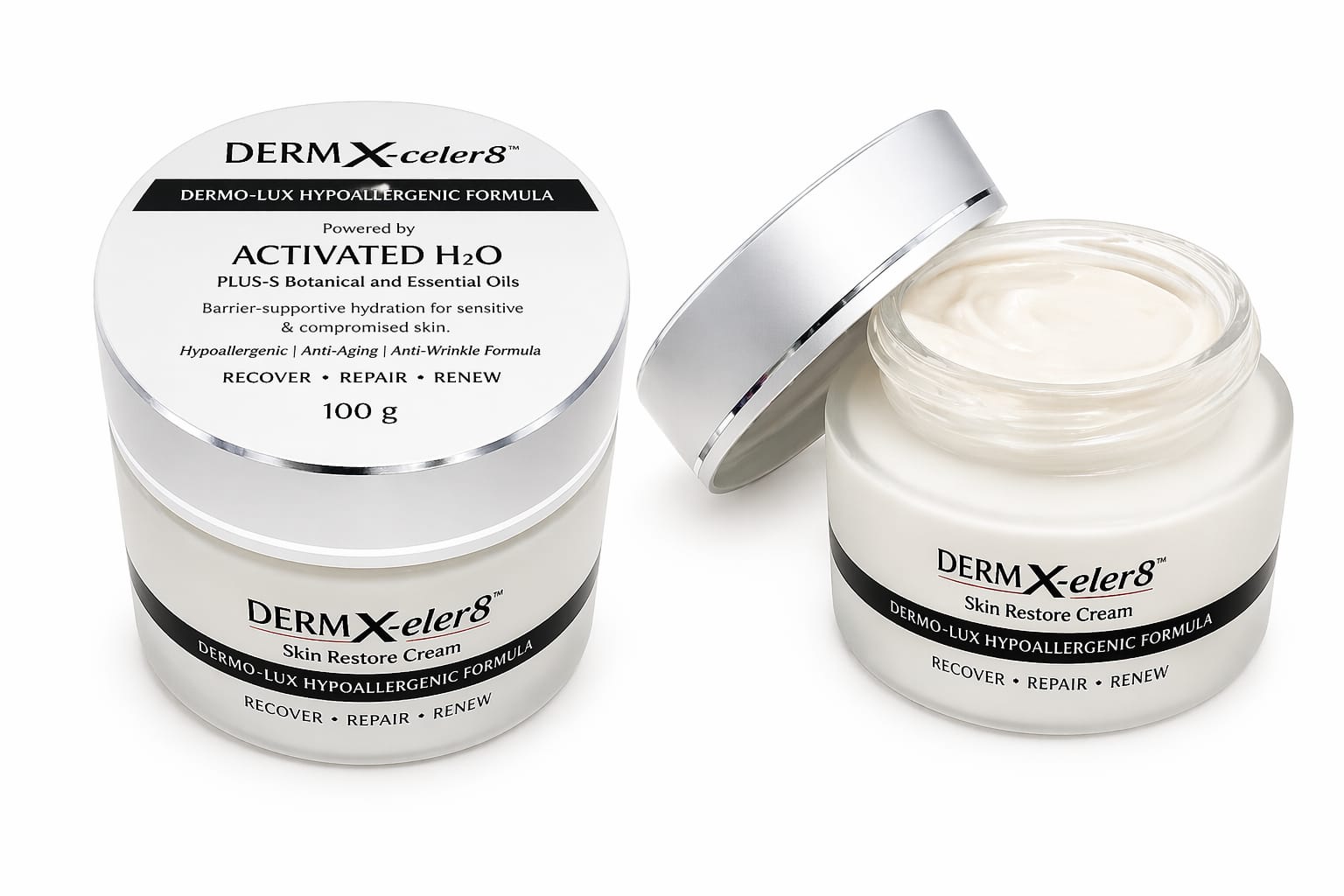 Derm X-eler8 Skin Restore Cream 100g jar with silver lid — Dermo-Lux Hypoallergenic Formula packaging